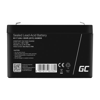 Green Cell AGM VRLA 6V 7.2Ah maintenance-free battery for the alarm system, cash register, toys