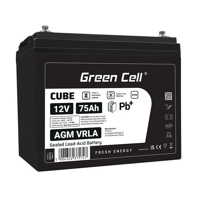 Green Cell CUBE AGM IP54 12V 75Ah VRLA Battery Gel deep cycle powerchair photovoltaic leisure battery campervan
