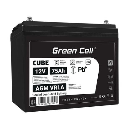 Green Cell CUBE AGM IP54 12V 75Ah VRLA Battery Gel deep cycle powerchair photovoltaic leisure battery campervan