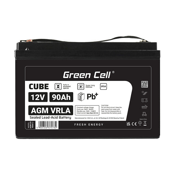Green Cell CUBE AGM IP54 12V 90Ah VRLA Battery Gel deep cycle scooter mower boat barge mower tractor fishing boat