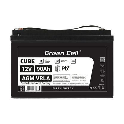 Green Cell CUBE AGM IP54 12V 90Ah VRLA Battery Gel deep cycle scooter mower boat barge mower tractor fishing boat