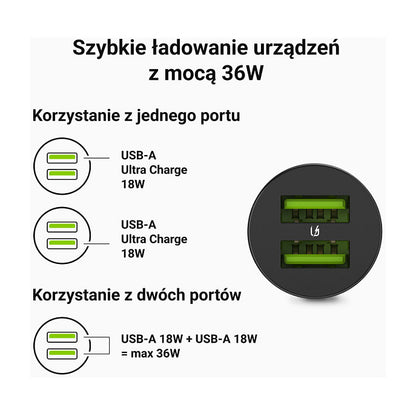 Green Cell Autoladegert 36W GC PowerRide Nano36 mit 2x USB-A Ultra Charge Schnellladung