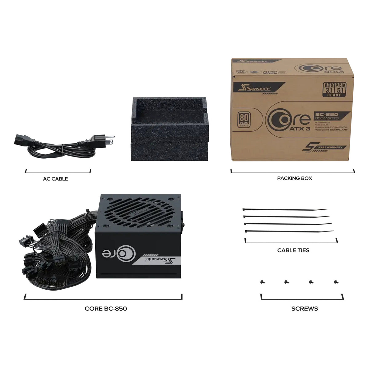 850W Seasonic CORE BC-850 ATX3.1 (schwarz, 1x 12-Pin High Power GPU, 3x PCIe, 850 Watt)