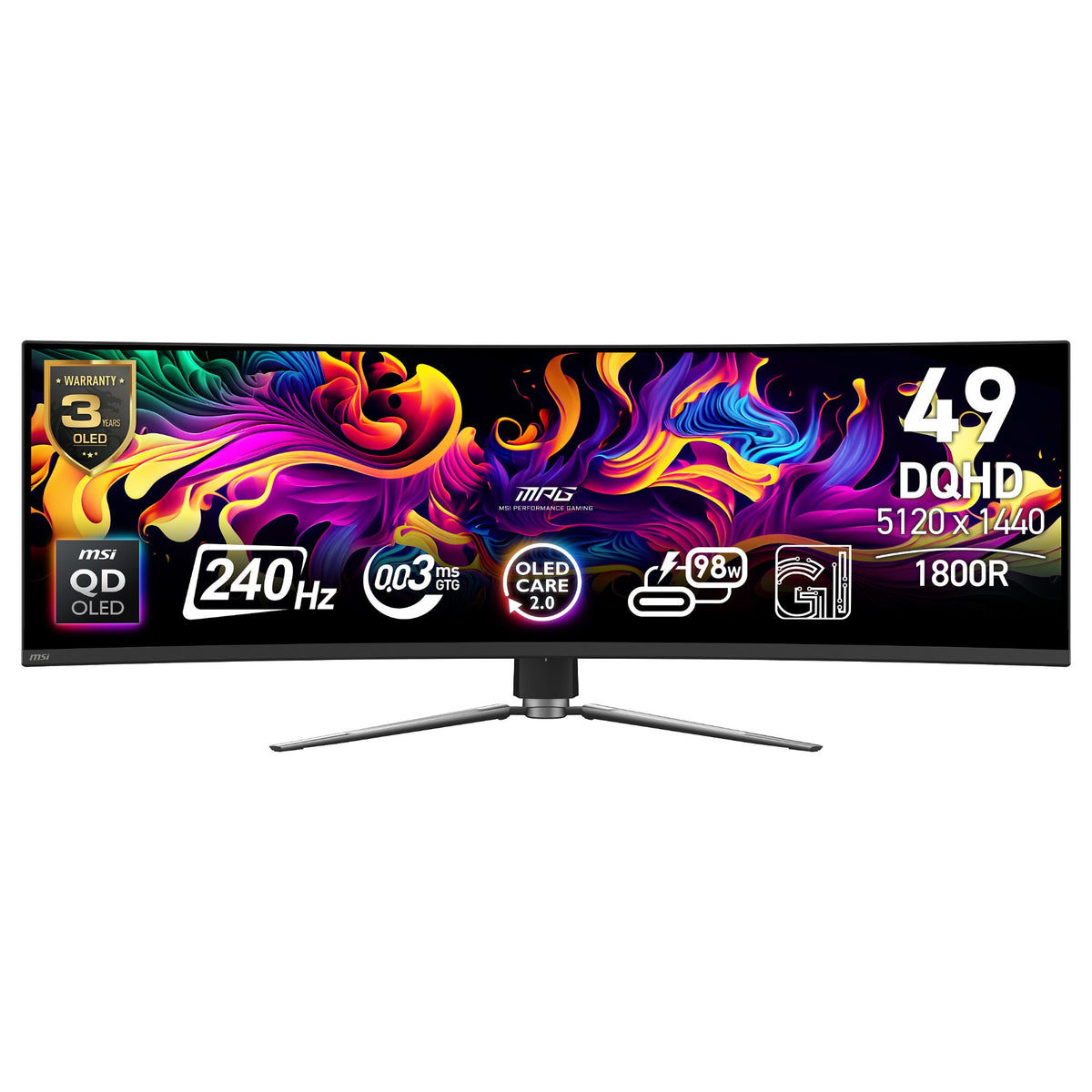 124,5 cm (49") 5120 x 1440 Pixel MSI 9S6-3FA84T-016 32:9 Dual QHD QD-OLED 0,03 ms 240 Hz HDR DisplayPort HDMI USB-Hub Height VESA
