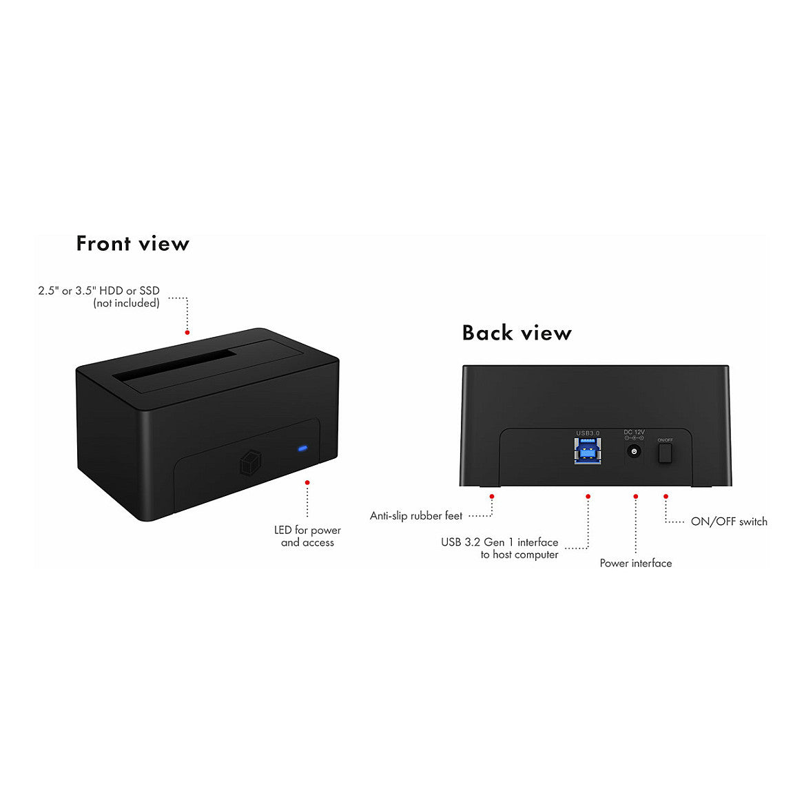 Dockingtation für 1x 2.5"/3.5" SATA I/II/III USB 3.2 ICY BOX Black