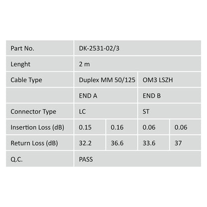 DIGITUS LWL Patchkabel LC -> ST 2.00m Multimode Duplex OM3