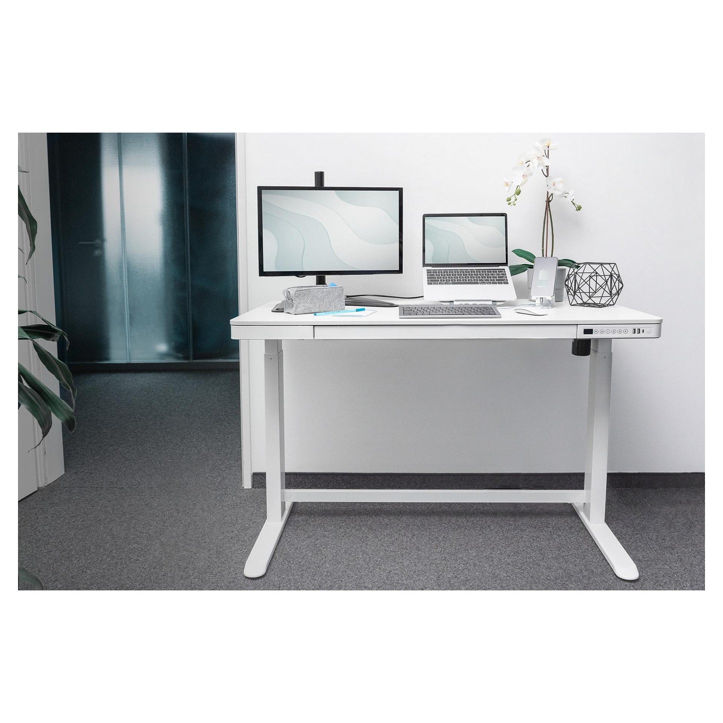 Schreibtisch elektrisch höhenverstellbar mit Schublade und USB-Ladestation 1200x600x120mm 50KG DIGITUS White