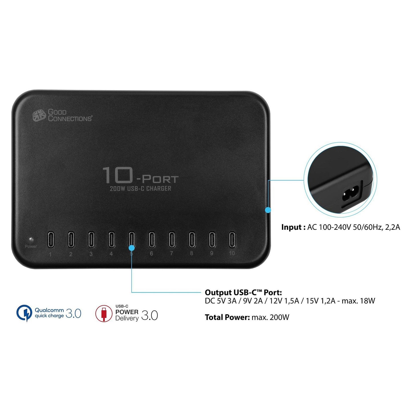 GoodConnections USB Desktop Schnellladestation 200W 10-Port USB-C Schwarz