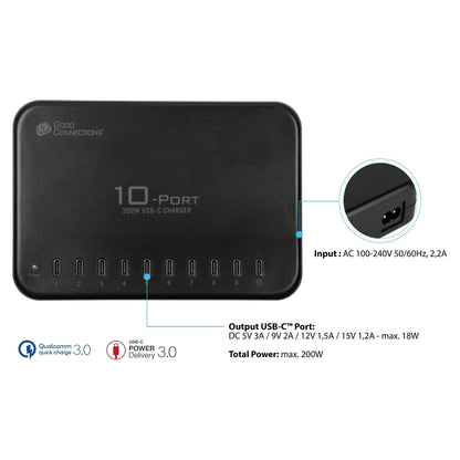 GoodConnections USB Desktop Schnellladestation 200W 10-Port USB-C Schwarz