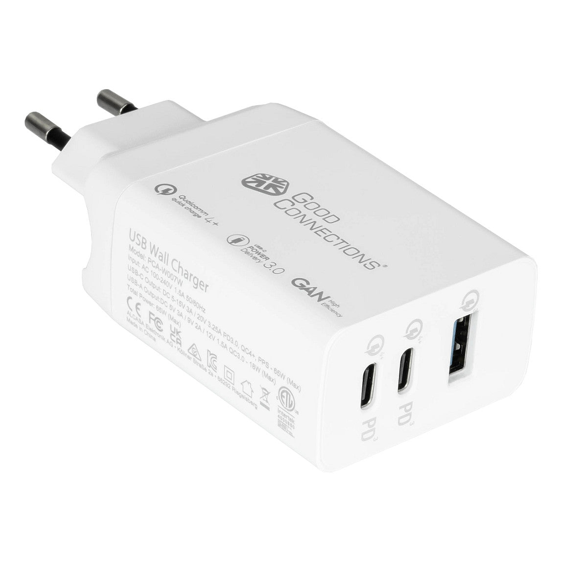 GoodConnections Charger 65W 3-Port 2xUSB-C/USB-A QC3.0 Weiß