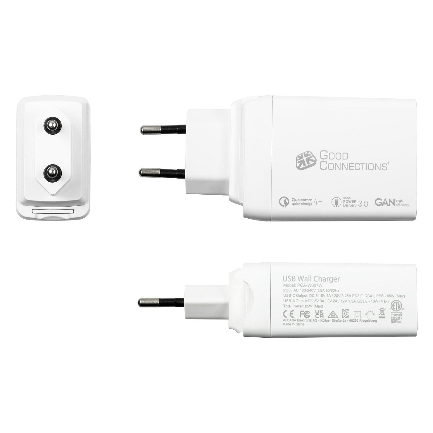 GoodConnections Charger 65W 3-Port 2xUSB-C/USB-A QC3.0 Weiß