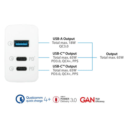 GoodConnections Charger 65W 3-Port 2xUSB-C/USB-A QC3.0 Weiß