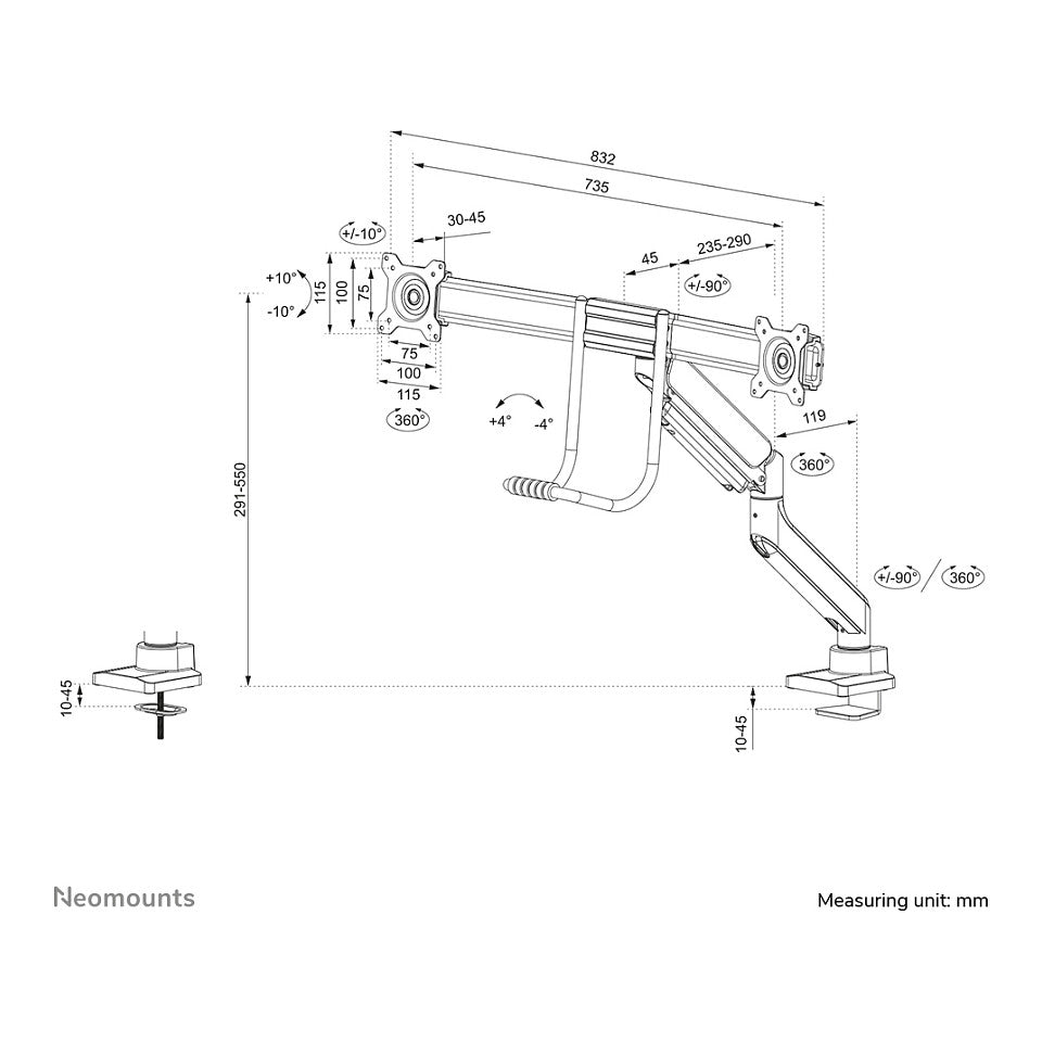 Neomounts Full Motion Tischhalterung für zwei Flachbildschirme 17-32'' 7KG 2x 8KG White