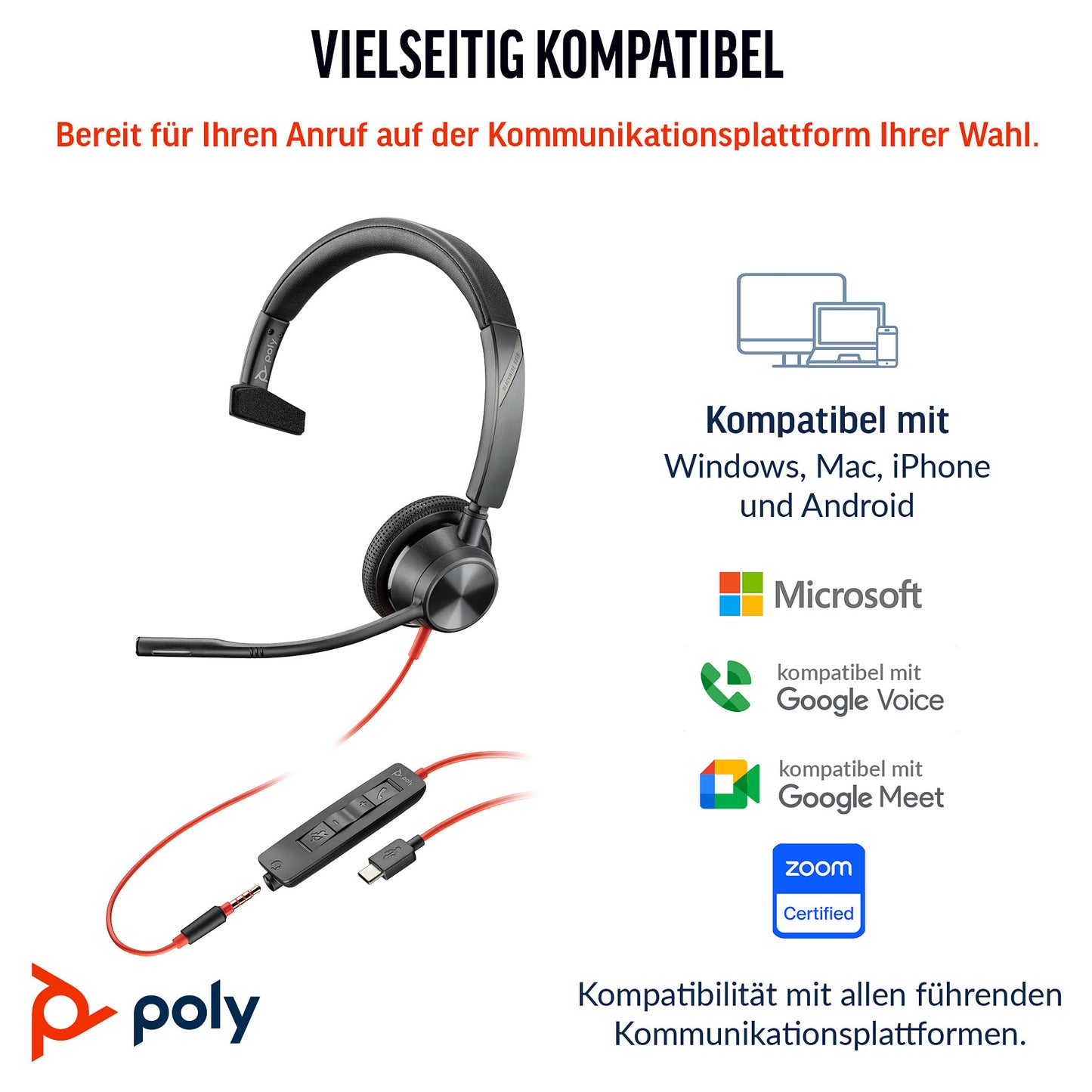 HP Poly Headset Blackwire C3315-M Mono USB-C/A & 3.5 mm Teams