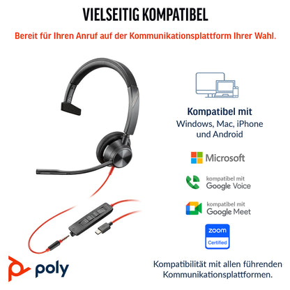 HP Poly Headset Blackwire C3315-M Mono USB-C/A & 3.5 mm Teams
