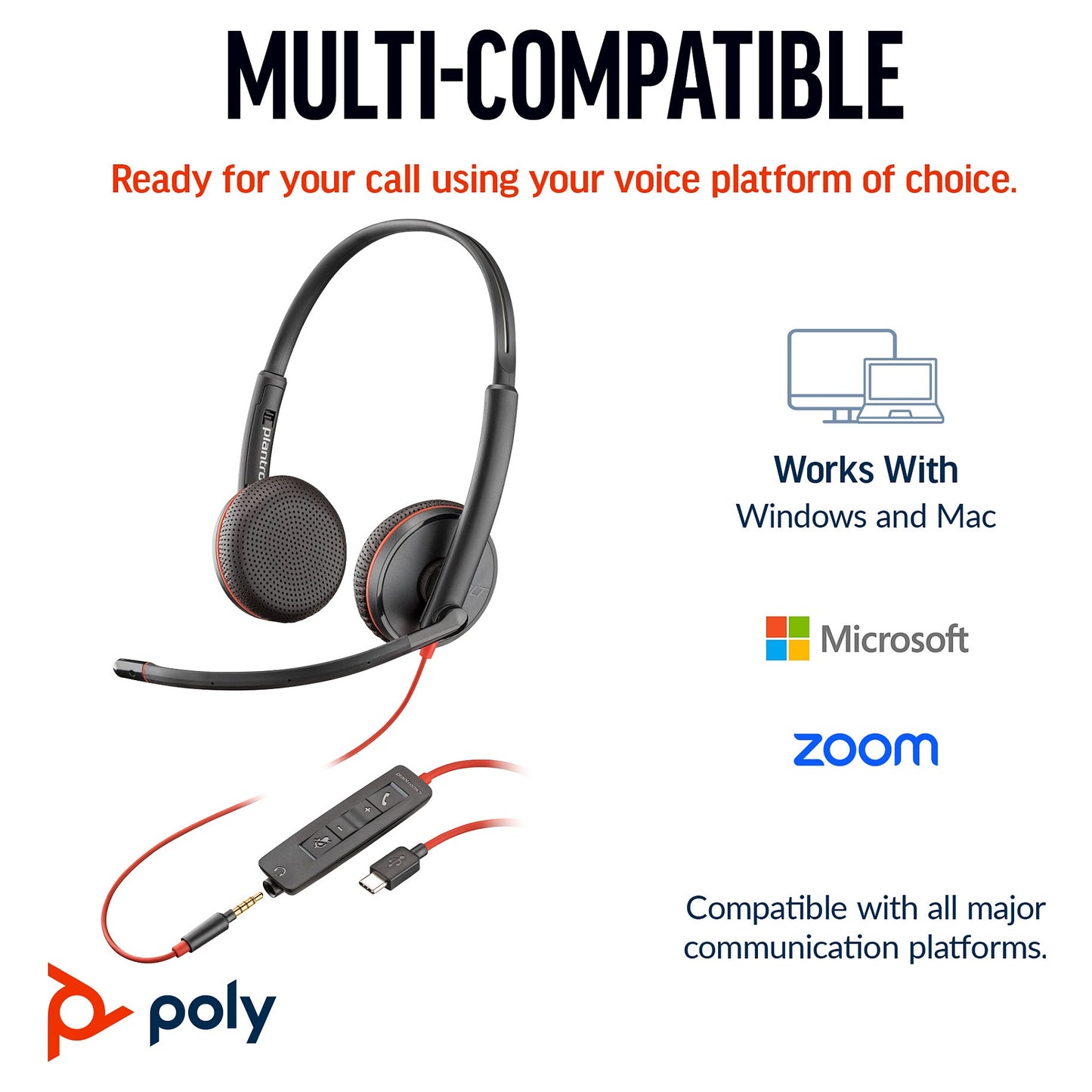 HP Poly Headset Blackwire C3225 Stereo USB-C/A & 3.5 mm