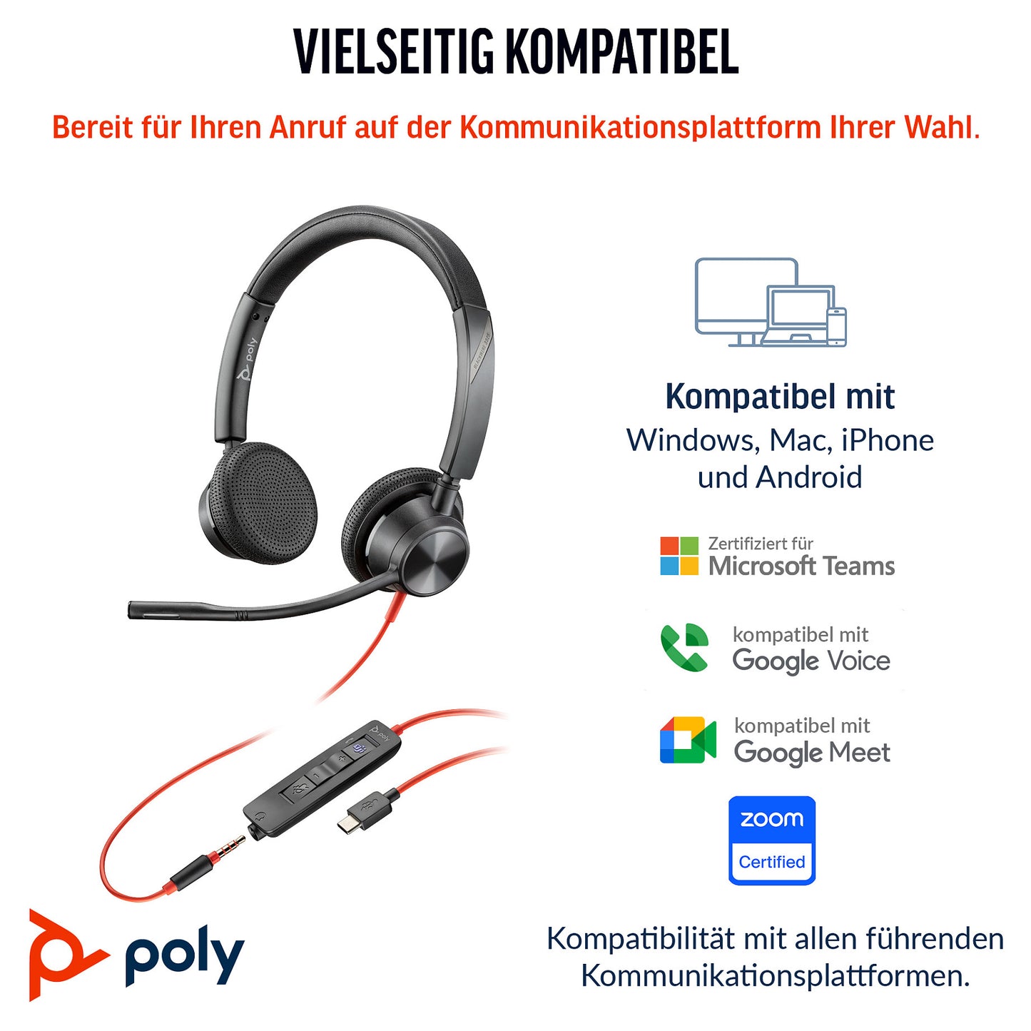 HP Poly Headset Blackwire C3325 Stereo USB-C/A & 3.5 mm