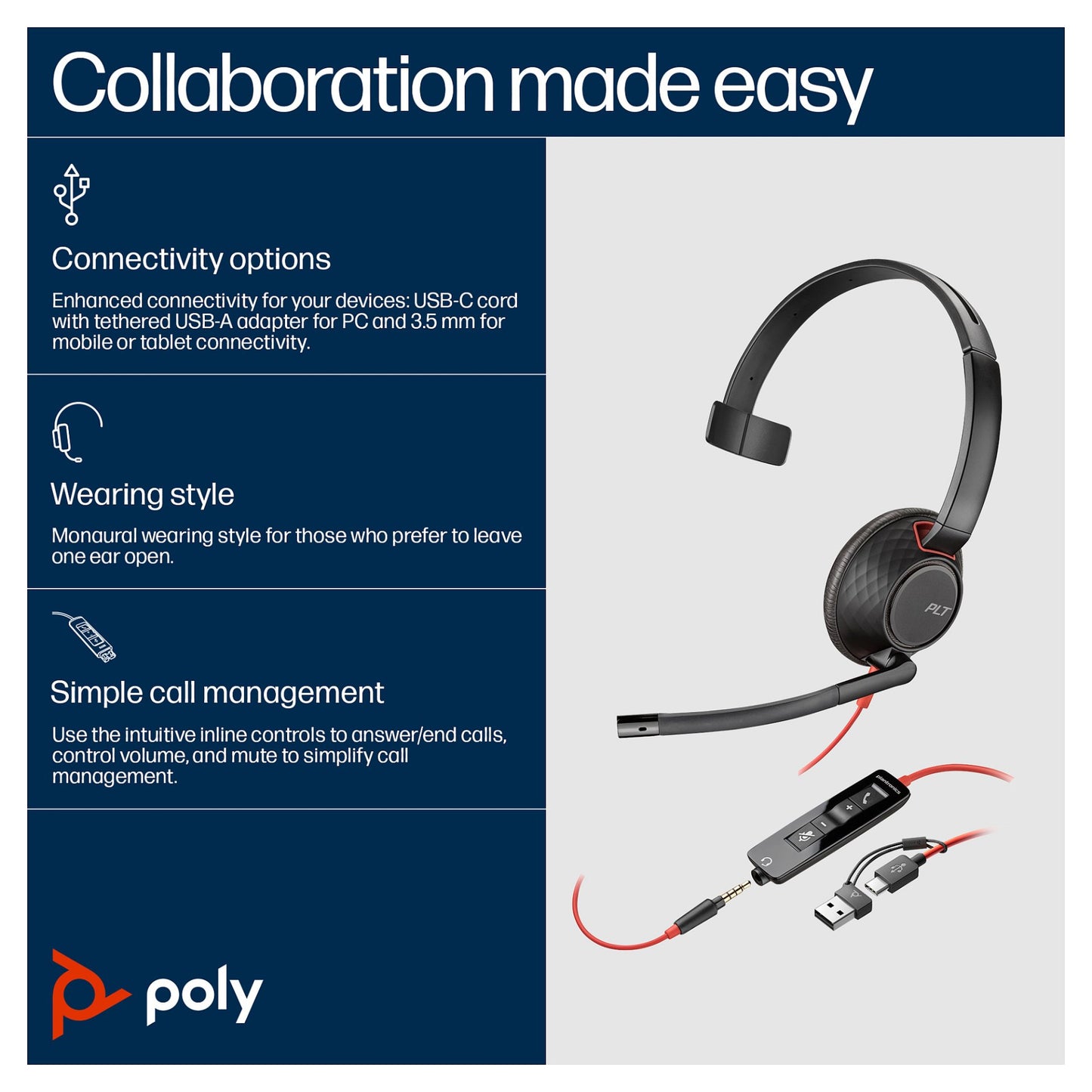 HP Poly Headset Blackwire C5210 Mono USB-C/A & 3.5 mm (bulk)