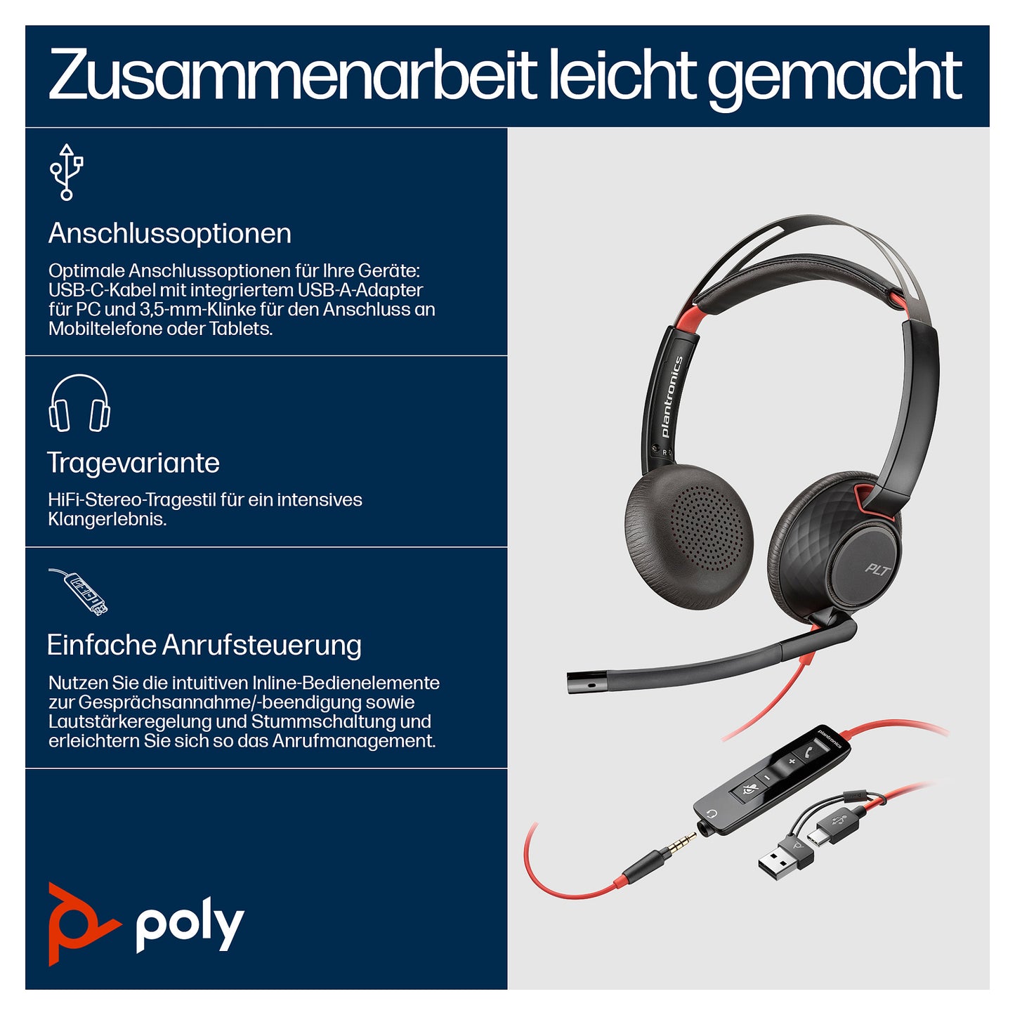 HP Poly Headset Blackwire C5220 Stereo USB-C/A & 3,5 mm (bulk)