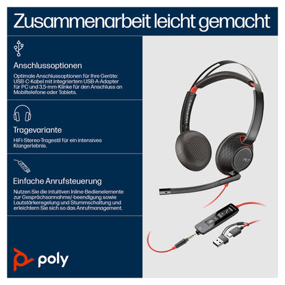 HP Poly Headset Blackwire C5220 Stereo USB-C/A & 3,5 mm (bulk)
