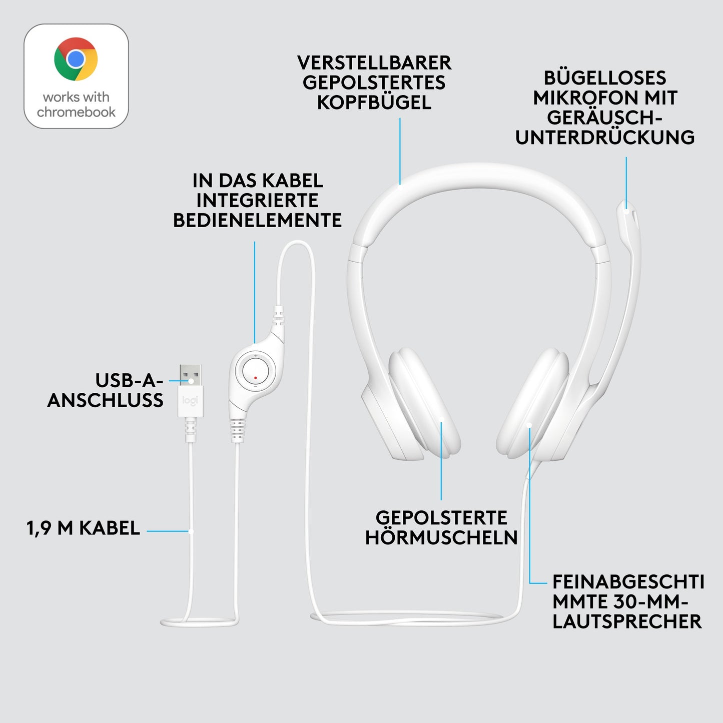 LOGITECH H390 Headset on-ear wired USB-A off-white