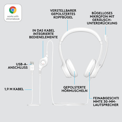 LOGITECH H390 Headset on-ear wired USB-A off-white