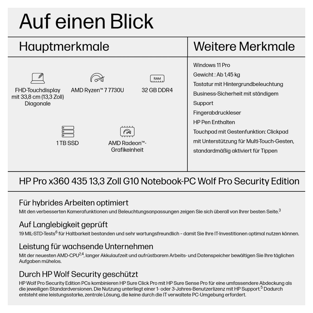 HP Pro x360 435 G10 AMD Ryzen 7 7730U 33,8cm 13,3Zoll FHD BV 400 Touch 2x16GB 1TB/PCIe NVMe/SSD UMA Wi-Fi 6E BT FPR W11P 3J Gar (DE)