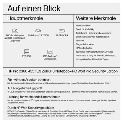 HP Pro x360 435 G10 AMD Ryzen 7 7730U 33,8cm 13,3Zoll FHD BV 400 Touch 2x16GB 1TB/PCIe NVMe/SSD UMA Wi-Fi 6E BT FPR W11P 3J Gar (DE)