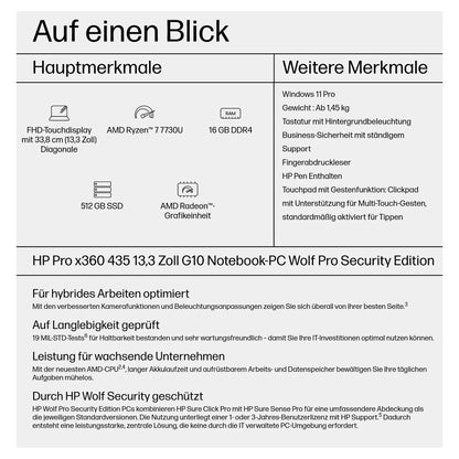 HP Pro x360 435 G10 AMD Ryzen 7 7730U 33,8cm 13,3Zoll FHD BV Touch 1x16GB 512GB/PCIe NVMe/SSD UMA Wi-Fi 6E BT FPR W11P 3J Gar (DE)