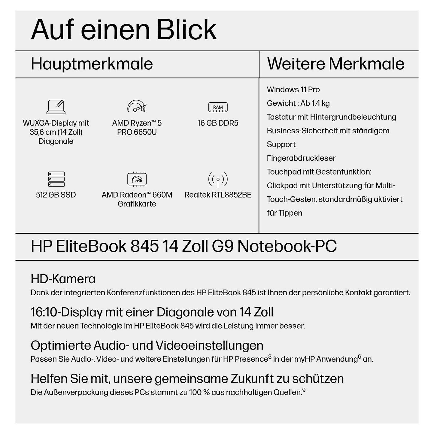 HP EliteBook 845 G9 AMD Ryzen 5 PRO 6650U 35,5cm 14Zoll WUXGA 2x8 GB 512GB/PCIe NVMe/SSD Wi-Fi 6 FPR W11P 3J Gar SmartBuy+ (DE)