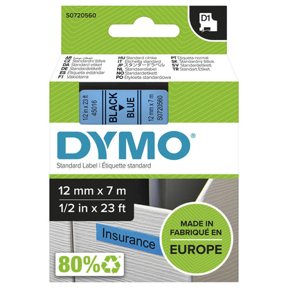 Dymo LabelWriter - D1 Etiketten Selbstklebend - 12 mm x 7 m - Schwarz auf Blau - (S0720560)