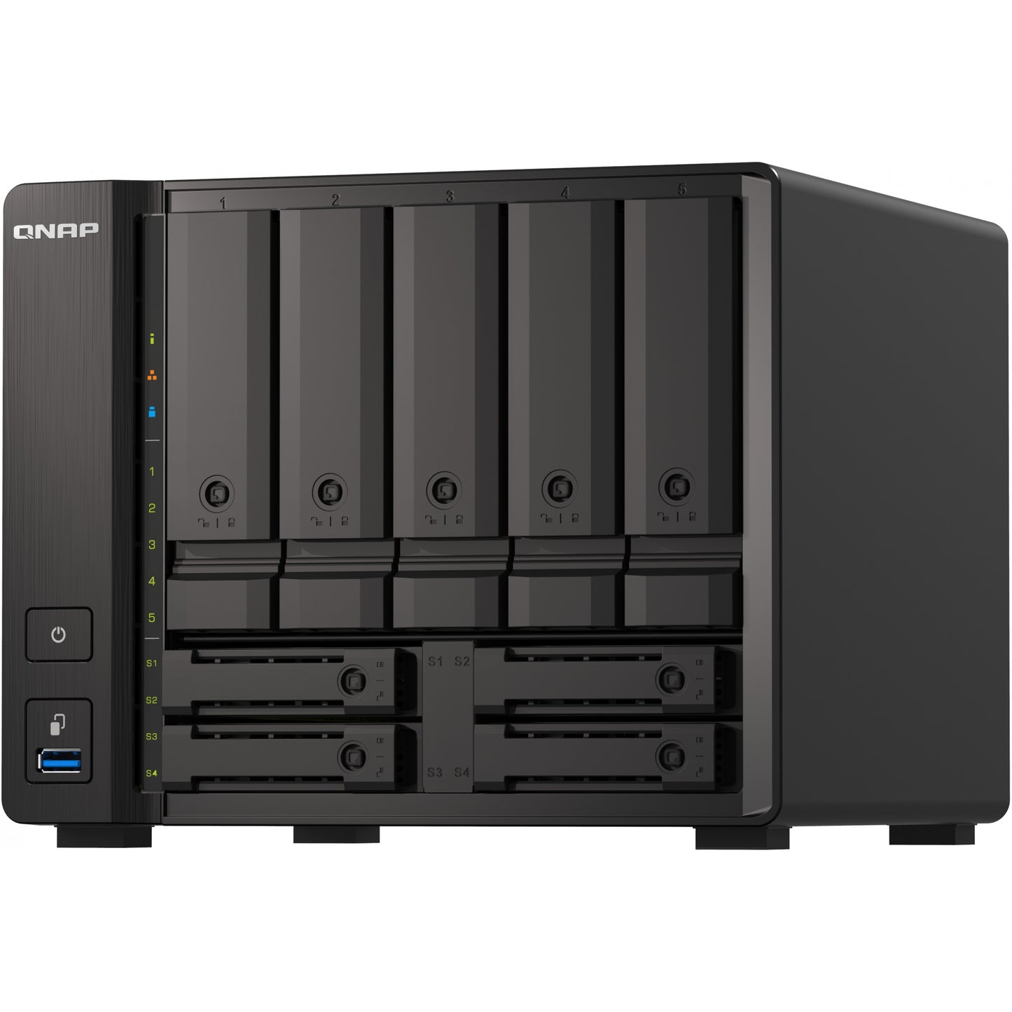 QNAP 9-bay NAS AMD Ryzen V1500B 8GB DDR4 SODIMM 5x6,35cm 2,5Zoll/8,89cm 3,5Zoll SATA 6Gbps + 2x26,35cm 2,5Zoll U.2 NVMe PCIe Gen3 x4