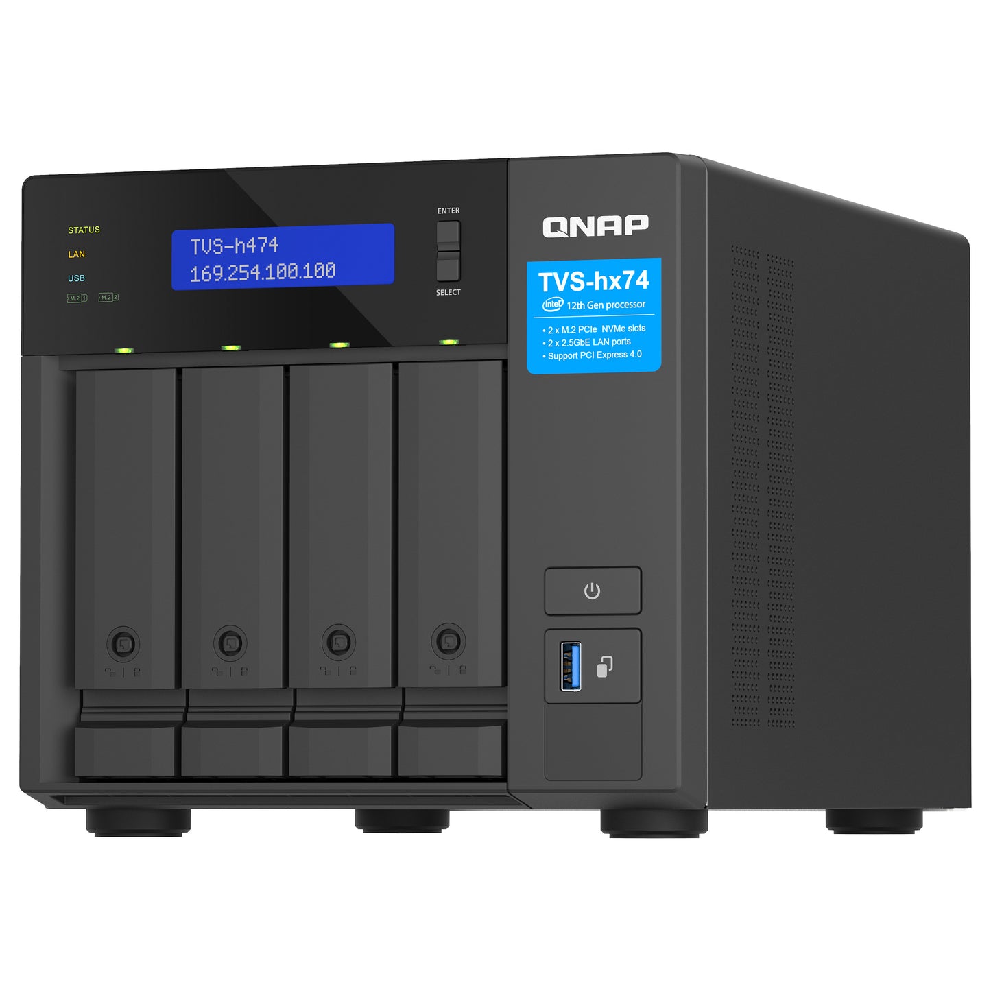 QNAP TVS-H474-PT-8G 4-bay QuTS hero NAS Intel Pentium Gold G7400 up to 3,7GHz 8GB SO-DIMM