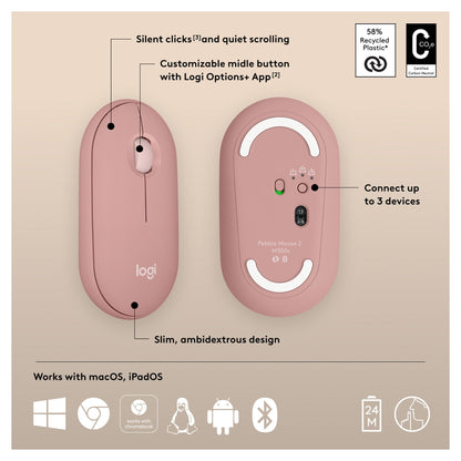 Logitech Pebble Mouse 2 M350s Mouse optical 3 buttons wireless Bluetooth 5.2 LE tonal rose