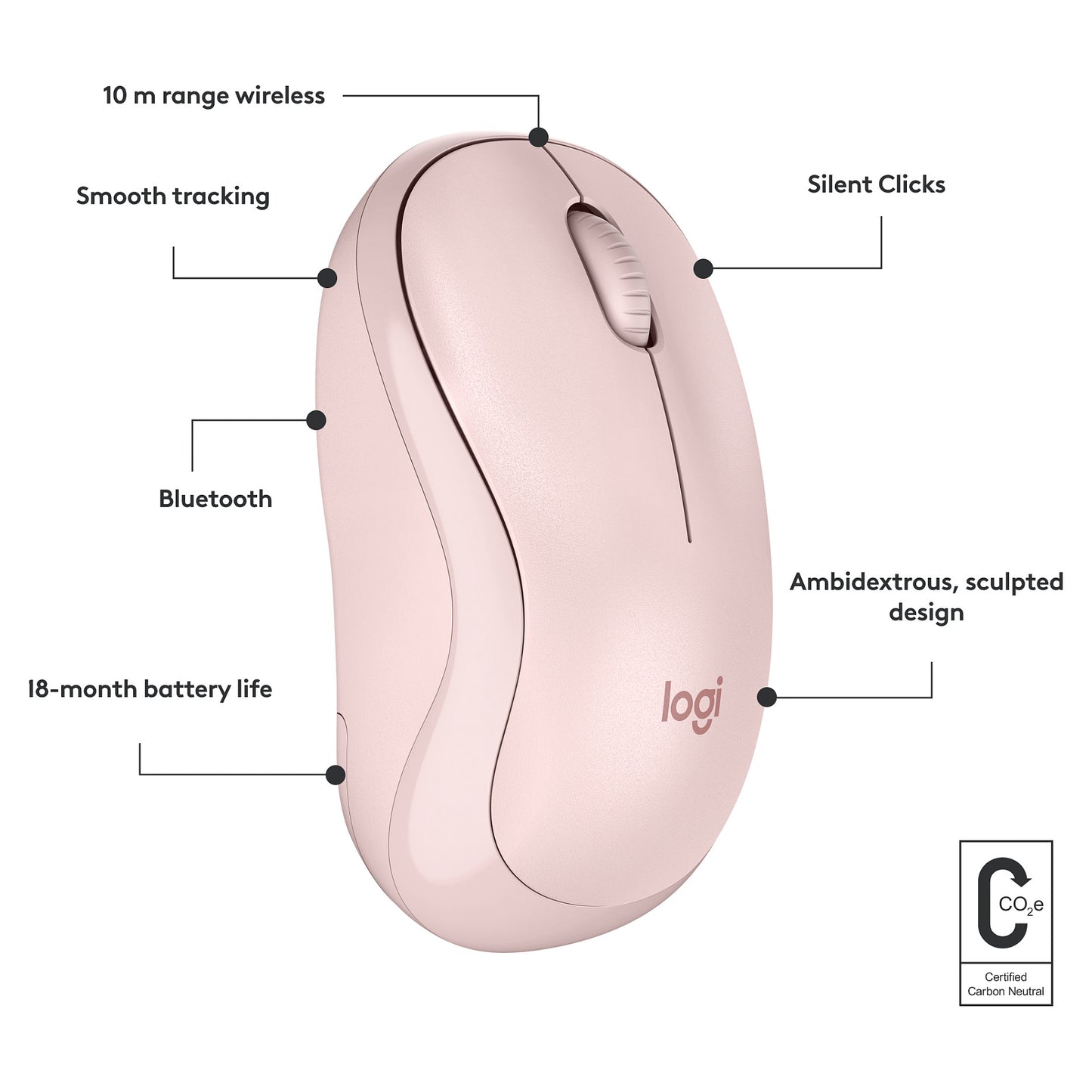 Logitech M240 Silent Mouse right and left-handed optical 3 buttons wireless Bluetooth rose