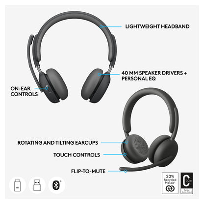 Logitech Headset - Zone Wireless 2 UC - Graphite TEAMS - 2.4GHZ/BT - Emea-914 - A00174 A00172 NO STAND
