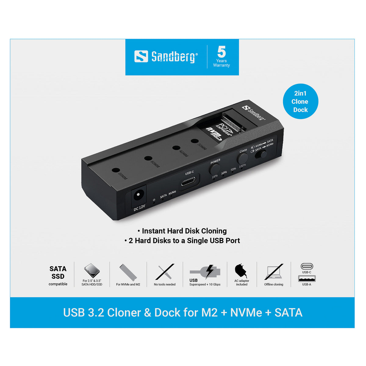Sandberg 136-49 USB-C 3.2 Kloner und DockingStation für M2/NVMe/SATA