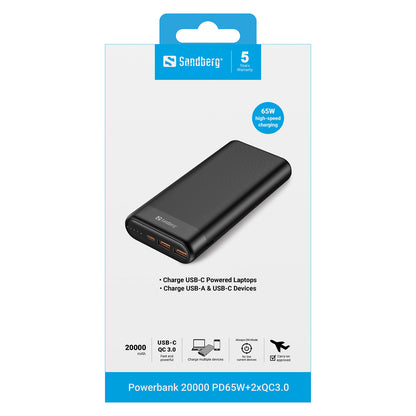 Sandberg 420-62 Powerbank 20000mAh 65W QC3.0 USB-C/2xUSB-A Schwarz