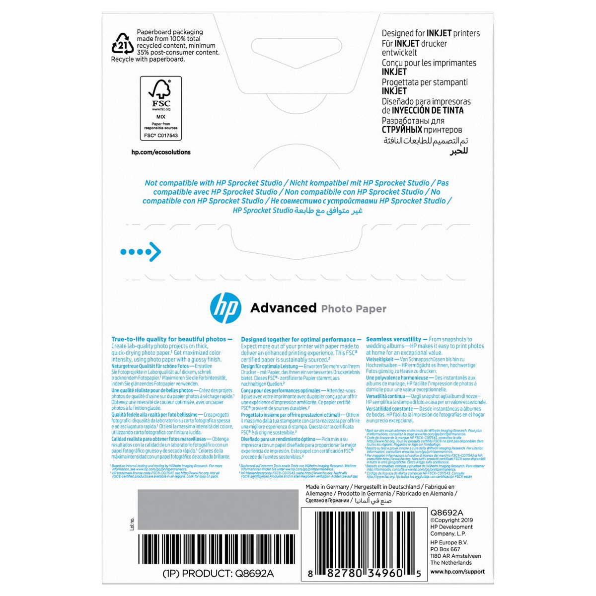 HP Q8692A 10x15cm Fotopapier