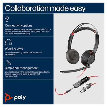 HP Poly Blackwire 5220 Stereo USB-C Headset +3.5mm Plug +USB-C/A Adapter (207586-201/207576-201)