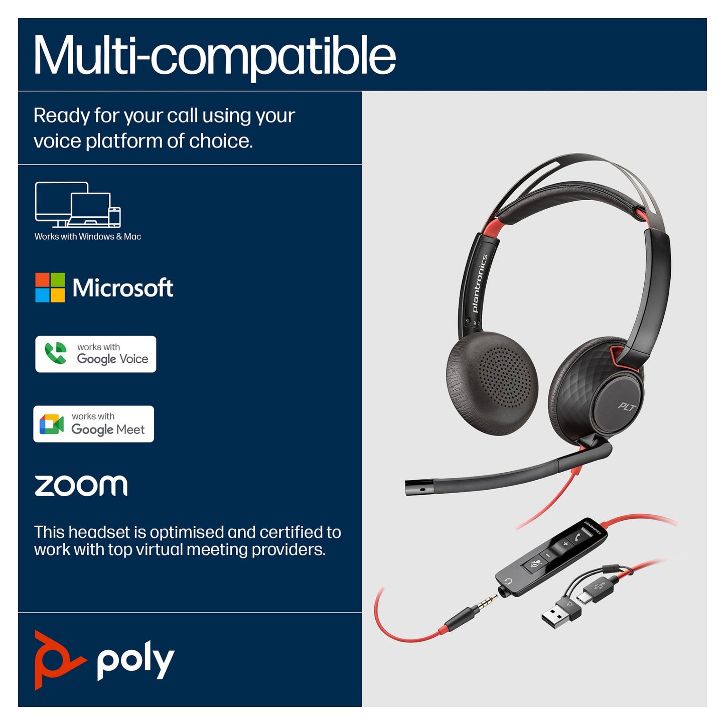 HP Poly Blackwire 5220 Stereo USB-C Headset +3.5mm Plug +USB-C/A Adapter (207586-201/207576-201)