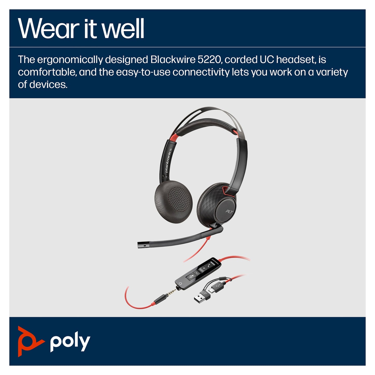 HP Poly Blackwire 5220 Stereo USB-C Headset +3.5mm Plug +USB-C/A Adapter (207586-201/207576-201)