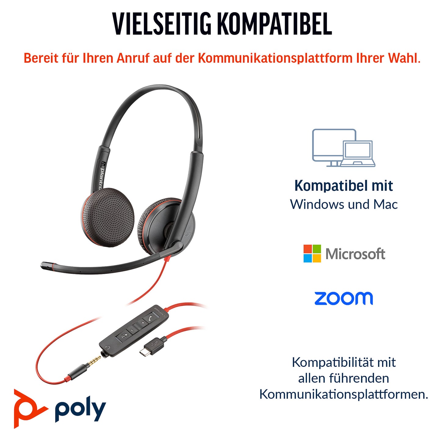 HP Poly Blackwire 3225 Stereo USB-C Headset +3.5mm Plug +USB-C/A Adapter (Bulk) (209747-201/209751-201)