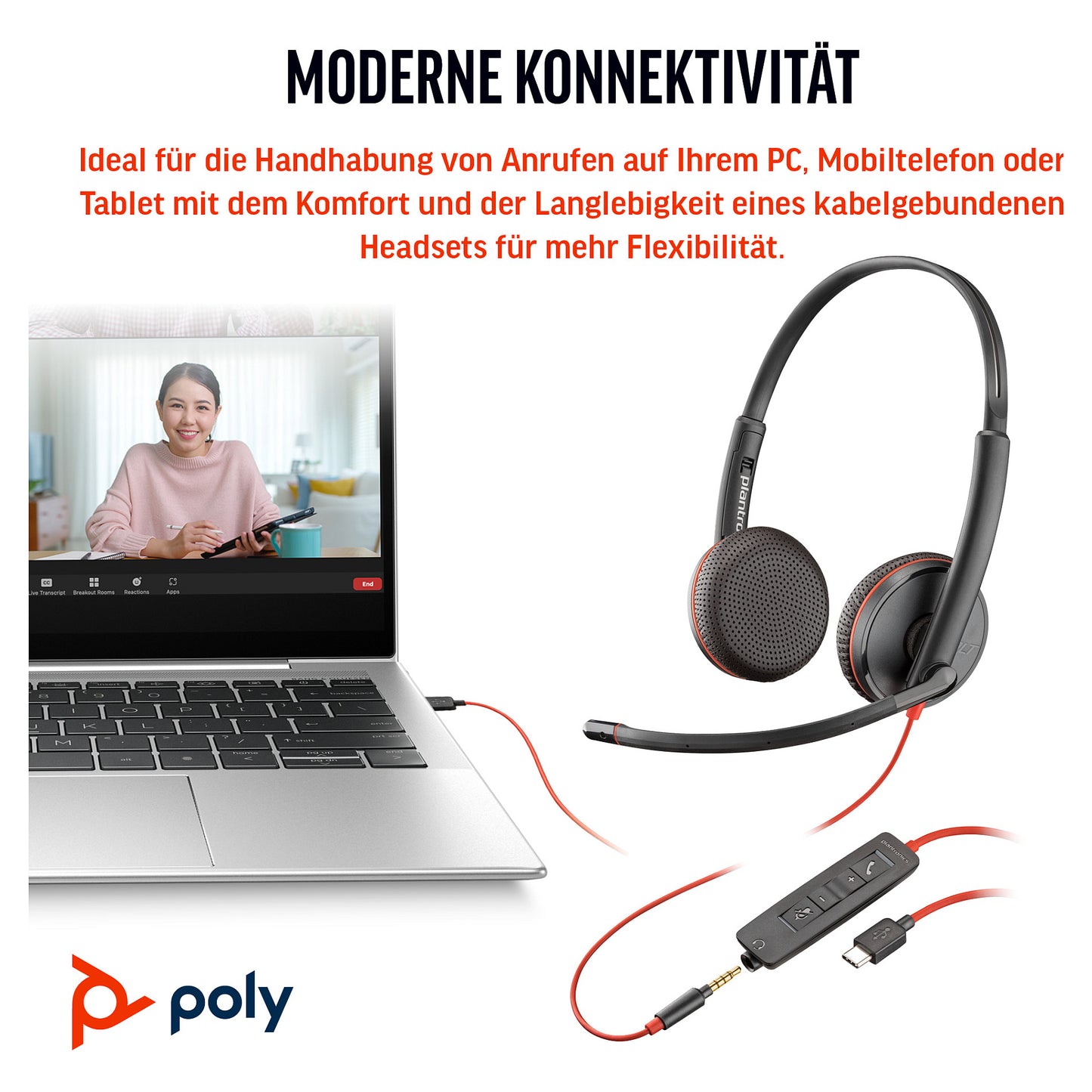 HP Poly Blackwire 3225 Stereo USB-C Headset +3.5mm Plug +USB-C/A Adapter (Bulk) (209747-201/209751-201)