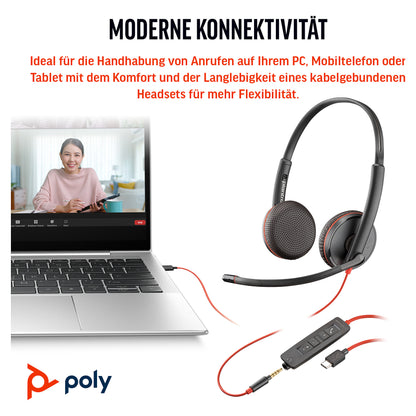 HP Poly Blackwire 3225 Stereo USB-C Headset +3.5mm Plug +USB-C/A Adapter (Bulk) (209747-201/209751-201)