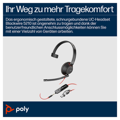 HP Poly Blackwire 5210 Monaural USB-C Headset +3.5mm Plug +USB-C/A Adapter (207577-201)