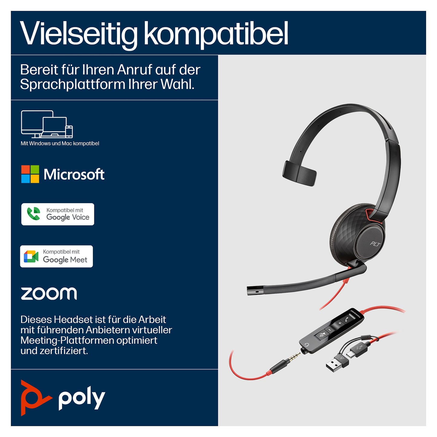 HP Poly Blackwire 5210 Monaural USB-C Headset +3.5mm Plug +USB-C/A Adapter (207577-201)