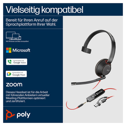 HP Poly Blackwire 5210 Monaural USB-C Headset +3.5mm Plug +USB-C/A Adapter (207577-201)
