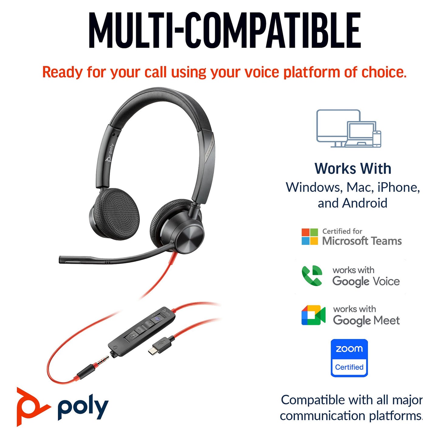 HP Poly Blackwire 3325 Stereo Microsoft Teams Certified USB-C Headset +3.5mm Plug +USB-C/A Adapter (214016-01)