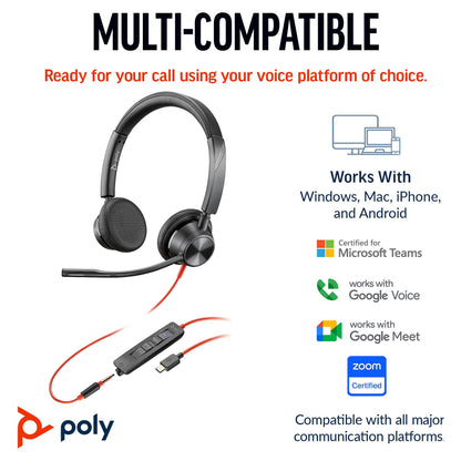 HP Poly Blackwire 3325 Stereo Microsoft Teams Certified USB-C Headset +3.5mm Plug +USB-C/A Adapter (214016-01)